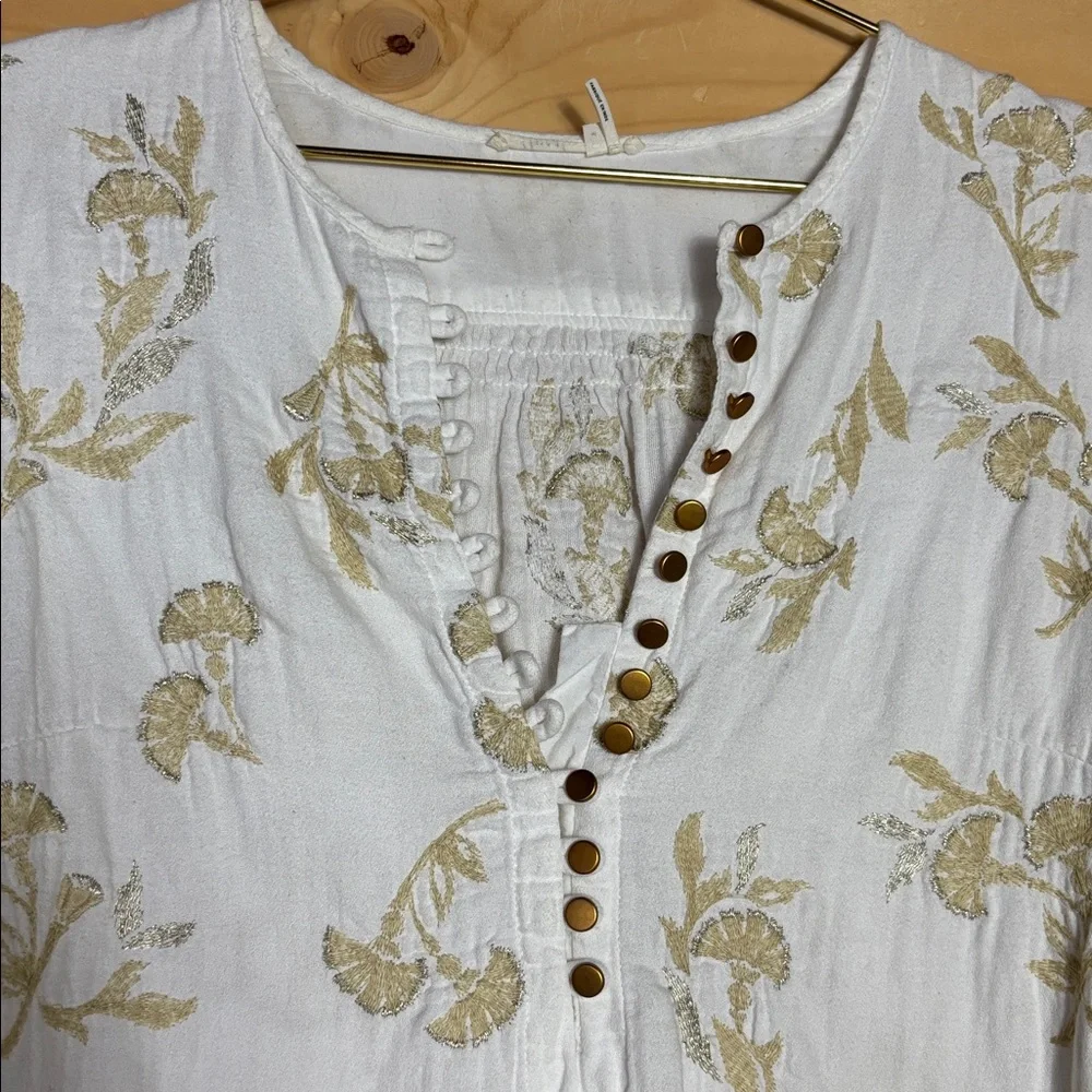 Anthropologie Cream Floral Button-Up Peasant Blouse